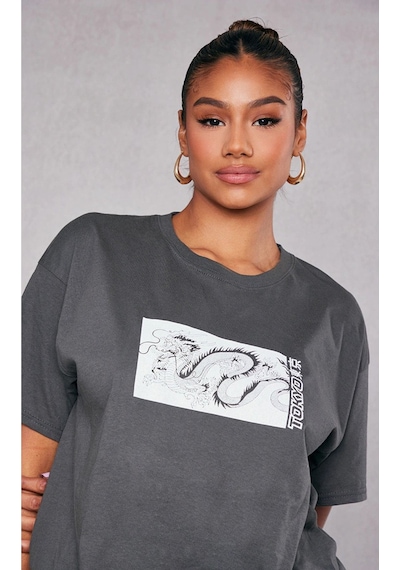 Füme Oversize Dragon T-shirt - Oversize Baskılı Gri