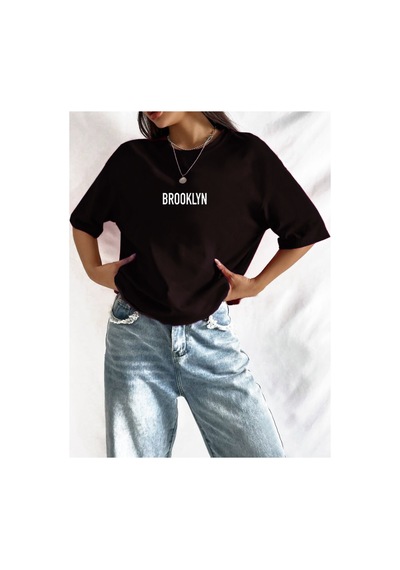 Medinenur Brooklyn Baskılı Unisex Bisiklet Yaka T-shirt Siyah