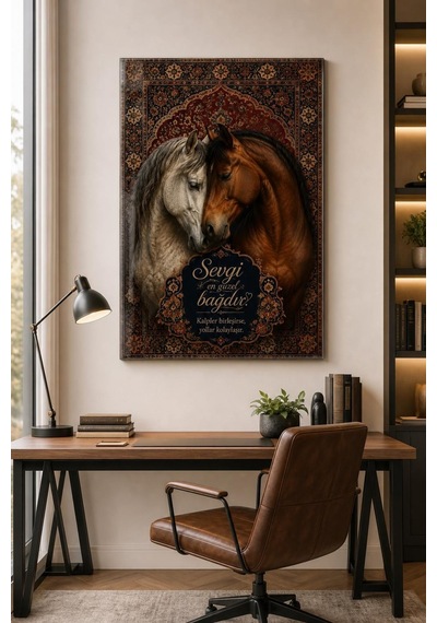 Sevgi Temalı At Figürlü Baskılı Cam Tablo Osmanlı Motifli Dekoratif Duvar Tablosu