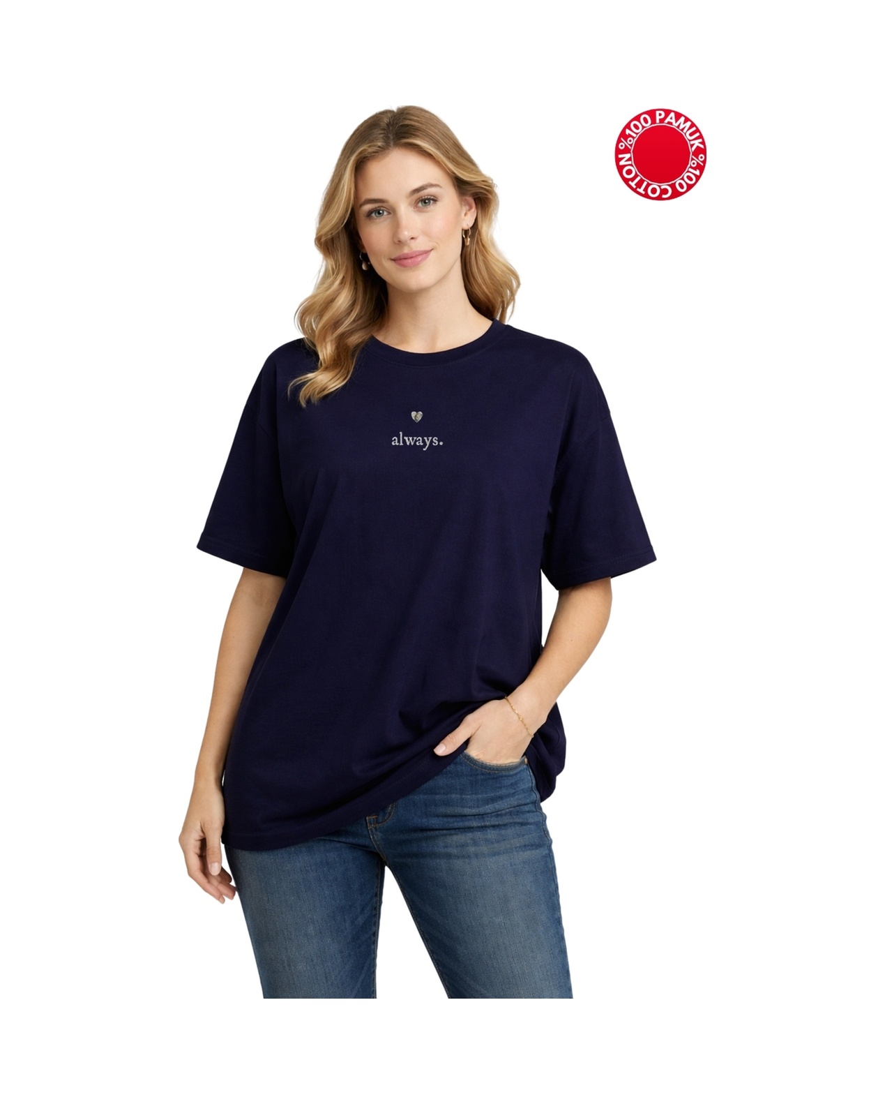 Always Baskılı Lacivert Oversize Tişört - %100 Pamuk Lacivert