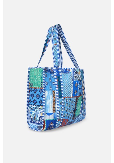 İcone Bag Patch Yama Desen Baskılı Kapitoneli Plaj Çantası, İçi Çizgili Baskılı Shopper Çanta, Pembe Plaj Çantası Mavi