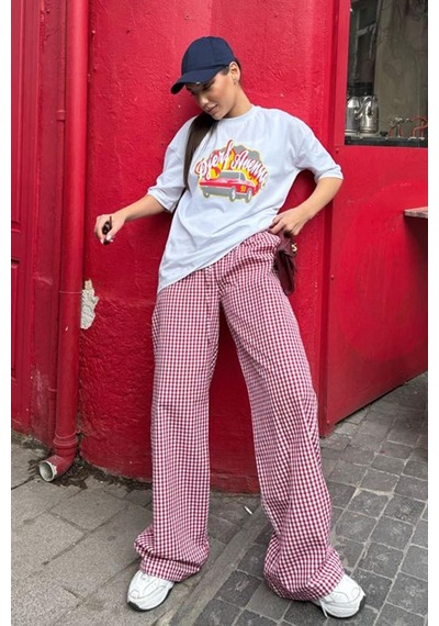 Madmext Bordo Beli Ayarlanabilir Ekoseli Bol Paça Kadın Pantolon Mg2335 Bordo