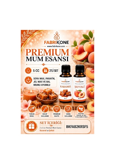 Premium Mum Esansı 5 Cc 2'li Set - Karamel, Şeftali - Soya Wax, Parafin, Jel Wax Ve Bal Mumu Uyumlu Bkfab2krsf5 Karışık