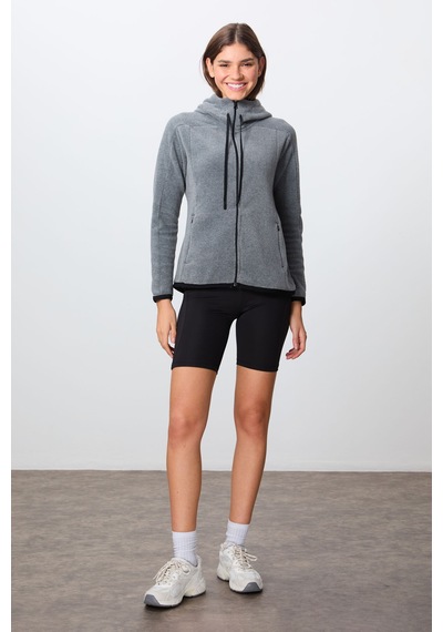 Tommy Life Gri Melanj Kalın Yumuşak Dokulu Kapüşonlu Standart Fit Nakışlı Polar Kadın Sweatshirt -97287 Gri Melanj