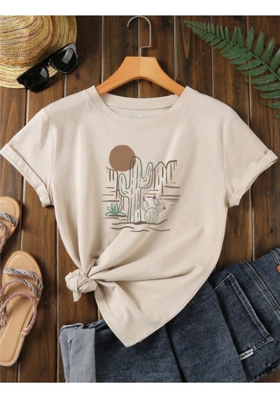 Unisex Pamuklu Kaktüs Ön Baskılı Tasarım Tshirt Bej