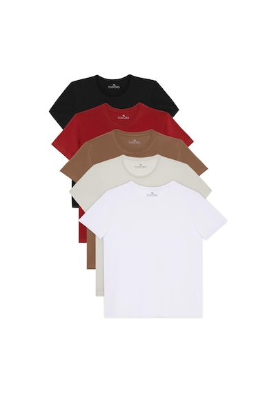 Tudors Unisex 5li Pkt Siyah-beyaz-taş-kahvereng-kiremit Slim Fit Dar Kesim %100 Pamuk Bisiklet Yaka Tişört-36951 Multi