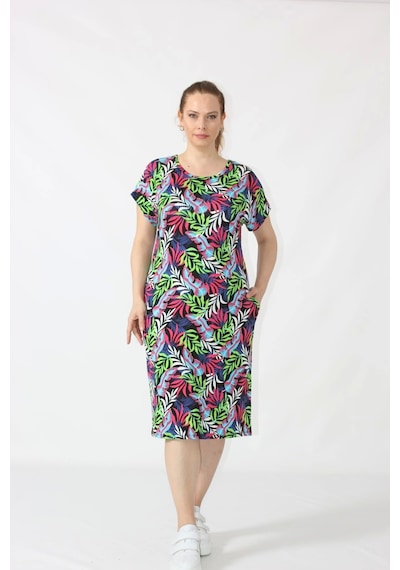 Moda Berray 3281 Çiçek Desenli Penye Kumaş Cepli Büyük Beden Mevsimlik Elbise Yeşil