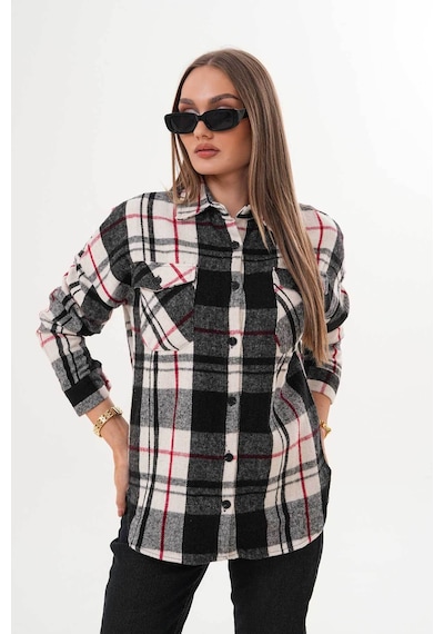 Polologin Butik Kadın Siyah Beyaz Kırmızı Çizgi Detaylı Gömlek Siyah