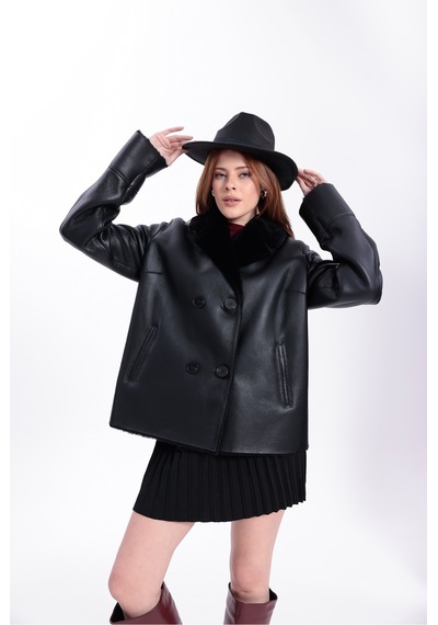M M Marki Marki Hakiki Deri Kadın Mont Siyah İçi Kürklü Kruvaze Düğmeli Blazer Model 70 Cm - 120622
