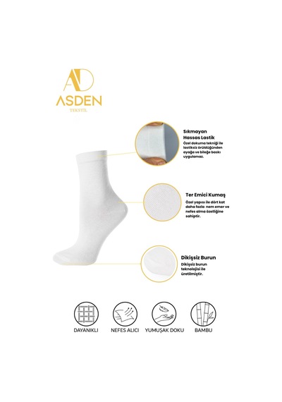 Asden Bambu Kadın Soket Çorap Beyaz Premium 6'lı Kutu, Burun Dikişsiz, Soft Yıkamalı Siyah 6 Çift