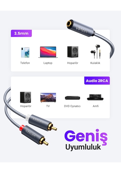 Ugreen 3.5 Mm Aux Rca Ses Kablosu, 5 M, 10513