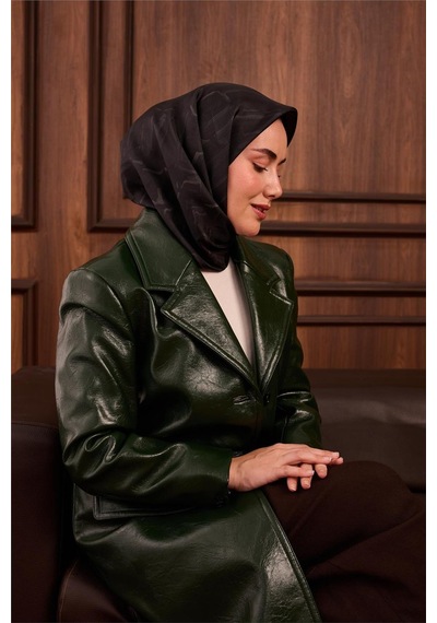 Silk Home Twill İpek Eşarp Koyu Yeşil Yeşil Yeşil Gri Desenli Tok Duruşlu 90x90 Çok Renkli