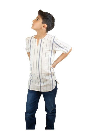 Eliş Şile Bezi Kısa Kol Şile Bezi Bisiklet Yaka Erkek Çocuk Tshirt Ekru Gri Çizg