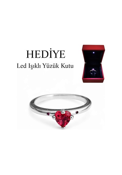925 Ayar Gümüş Kırmızı Taşlı Kalp Sen Ve Ben Yüzük Işıklı Kutuda Rose
