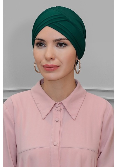 Hürrem Bone Zümrüt Pratik Hazır Geçmeli Tesettür Bone Sandy Kumaş Üç Çapraz 1 Zümrüt