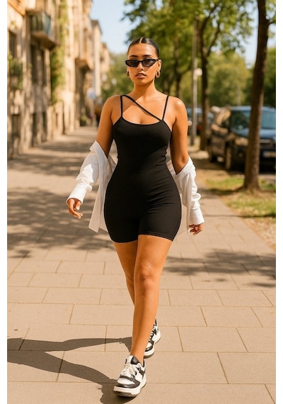 Ahes Shopping Kadın Asimetrik Askılı Mini Kaşkorse Bodycon Tulum Siyah