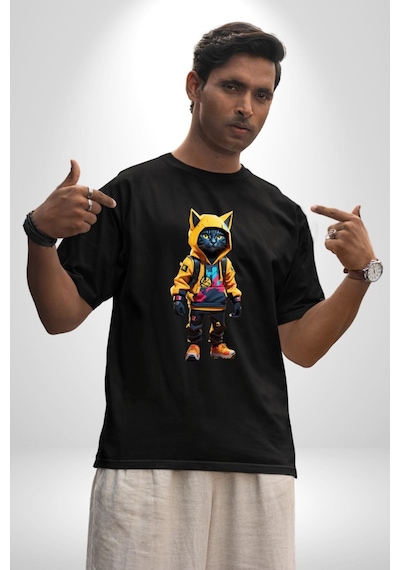Spor Eşofman Takımı Sarı Kedi İnsan Pamuklu Bisiklet Yaka Unisex Oversize Boyfriend Dijital Baskılı Siyah T-shirt Siyah