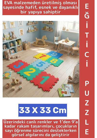 Ev Kreş Çocuk Odası Görsel Algı Eğitici Dayanıklı Esnek Canlı Renk Sayılar Puzzle Yer Matı 9 Parça