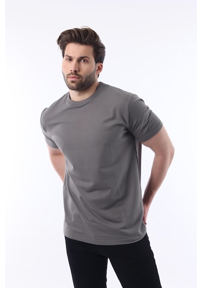 Madmext Füme Bisiklet Yaka Basic Kısa Kollu Tişört 7042 Füme