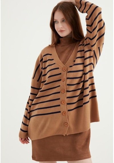 Cizgili Oversize Camel Hırka 23aj0050 Camel