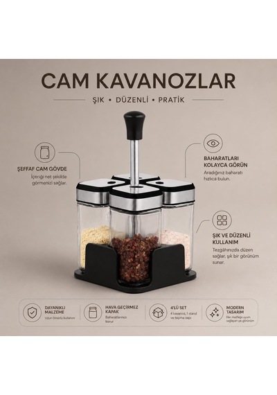 4 Lü Cam Baharatlık Seti, Standlı Paslanmaz Çelik Kapaklı Baharatlık Çok Renkli