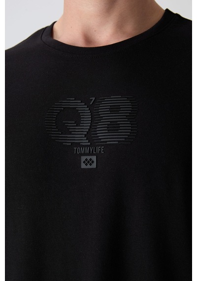 Tommy Life Siyah Pamuklu Kalın Yumuşak Dokulu Oversize Fit Baskılı Erkek T-shirt - 88333 Siyah