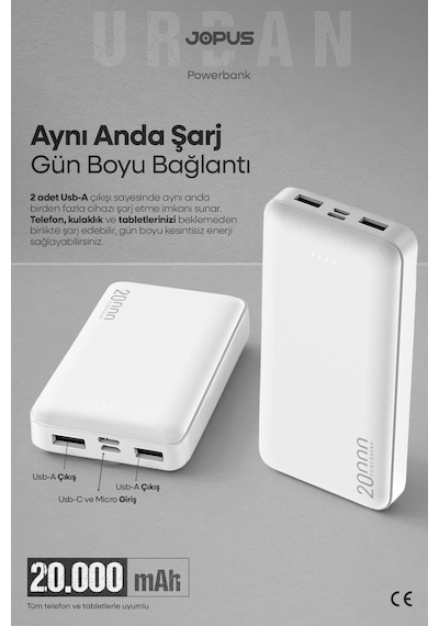 Jopus 20000mah Powerbank - Led Işık Göstergeli - Taşınabilir Şarj Cihazı Beyaz