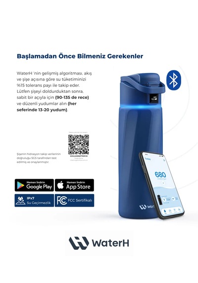 Waterh Boost Akıllı Termos Hidrasyon Takibi Yapan, Yalıtımlı 0,95l / 32oz Akıllı Şişe Koyu Mavi