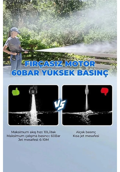 Kensa Şarjlı Ve Yüksek Basınçlı Oto Yıkama Ve Sulama Tabancası - 60 Bar Akülü Basınçlı Yıkama Tabancası Siyah