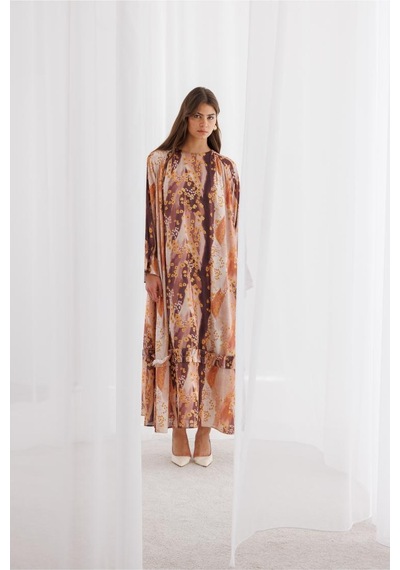 Desenli Mizalle Floral Detaylı Maksi Elbise Çok renkli