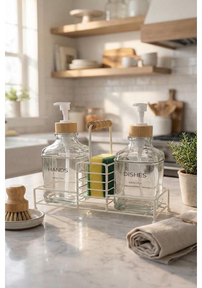 Makri Home Lüks Bambu Kulplu Beyaz Metal Stantlı İkili Cam Sıvı Sabunluk 500 Ml, 23x9x23,5 Cm