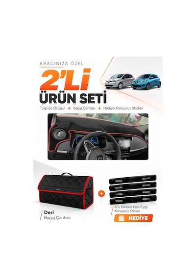 Renault Zoe 2012-2024 Uyumlu Torpido Örtüsü + Deri Bagaj Çantası + Sticker Seti - Siyah Kırmızı