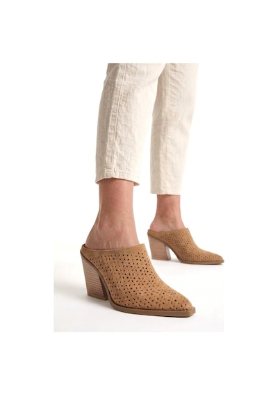 Fox Shoes Y654930702 Vizon Hakiki Deri Süet Western Topuklu Kadın Terlik
