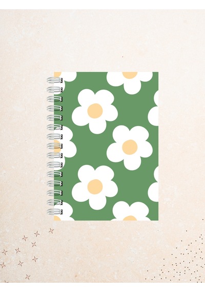 Yeşil Zeminli Papatya Desenli Defter 60 Yaprak / 120 Sayfa Çizgisiz Tel Spiralli Çok Renkli