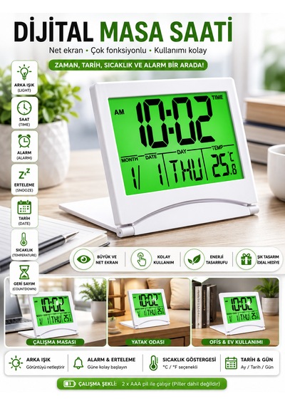 Dijital Seyahat Alarm Saati, Lcd Ekranlı, Arka Aydınlatmalı, Takvimli, Sıcaklık Göstergeli, Ev Ve Yatak Odası Için Katlanabilir Alar Açık Gri