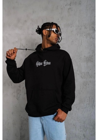 Erkek Sırt Baskılı Oversize Üç İplik Kapüşonlu Sweatshirt - Siyah