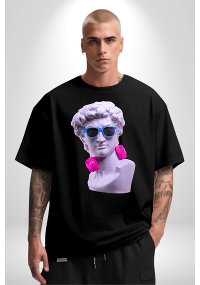 Kulaklık Gözlük Pop Art Heykel Pamuklu Bisiklet Yaka Unisex Oversize Boyfriend Dijital Baskılı Siyah T-shirt Siyah