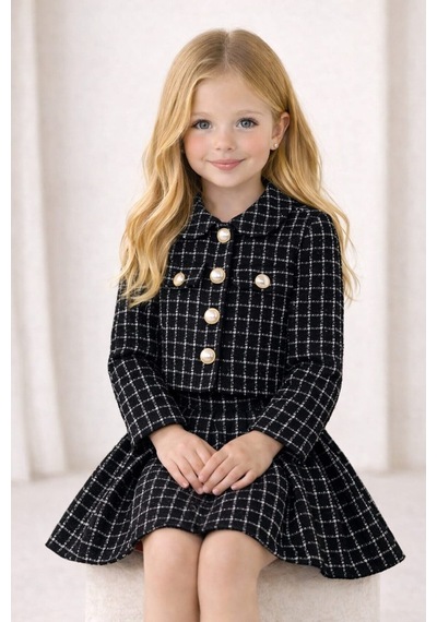 My Kids Wear Kız Çocuk Ekose Ceket Etek Takım Şık Kombin 12643 Siyah - Beyaz