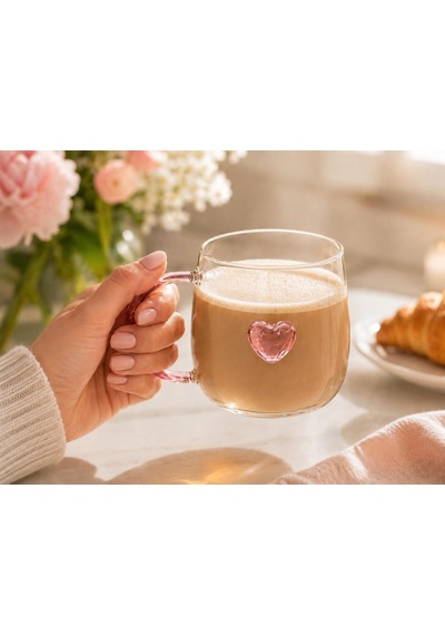 Lunessa Pembe Kristal Kalpli Şeffaf Cam Kupa Pembe Kulplu Romantik Dekoratif Bardak çok renkli