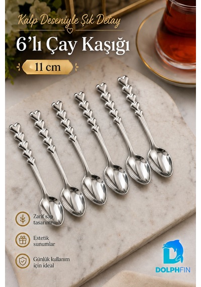 Kalp Desenli Çay Kaşığı 6 Lı Set 11 Cm Parlak Gümüş Renkli Zarif Sunum Kaşığı Metalik