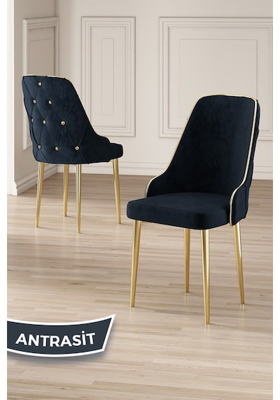 Canisa Vae Serisi 90x160 Lak Panel Antrasit Ironi Gold Ayak Masa Takımı 6 Antrasit Sandalye Antrasit İroni Masa Antrasit Sandalye Ayaklar Gold