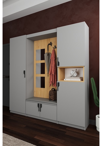 Lüks Aynalı Portmanto Askılı Vestiyer %100 Mdf Çok Raflı Ayakkabılık V04 Kül Gri - Karina Lüks Aynalı Portmanto Askılı Vestiyer %100 Mdf Çok Raflı Ayakkabılık V04 Kül Gri - Karina