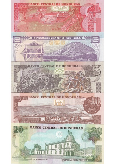 Honduras Yabancı Kağıt Para Seti " 20/10/5/2/1 Lempiras " Çil Unc Koleksiyon Para