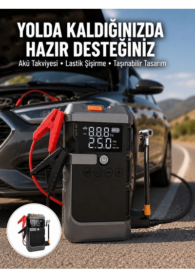 Işıklı Hava Kompresörlü Taşınabilir Akü Takviye Ünitesi Yeni Nesi