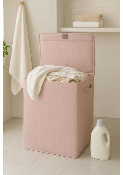 Serstil Kapaklı Katlanabilir Puantiyeli Pembe 60 Litre Çamaşır Sepeti 40 X 30 X 50 Cm Pembe Benekli