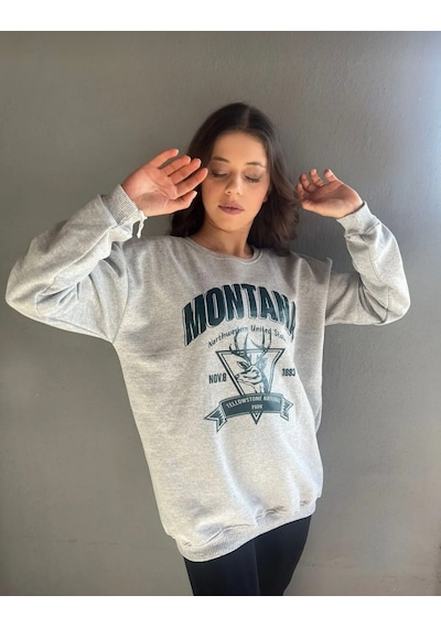 Montana Baskılı Unısex Sweat Açık Gri
