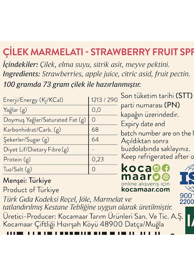 Kocamaar Çiftliği Çilek Marmelatı (Rafine Şeker İlavesiz) 260 gr
