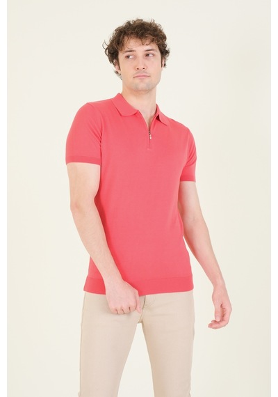 Giyim Dünyası Erkek Yarım Fermuarlı Polo Yaka Merserize T-shirt Mercan 001