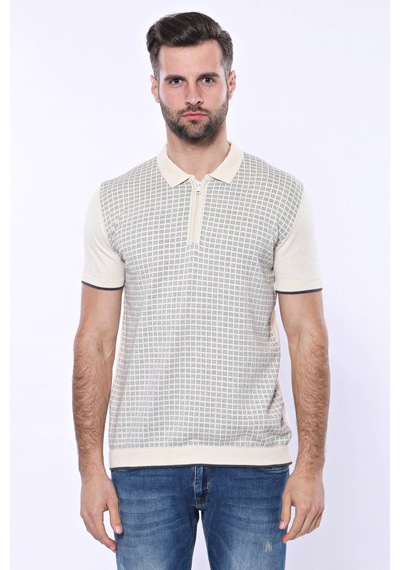 Yake Store Polo Yaka Krem Desenli Fermuarlı Örme T-shirt Wessi - Krem Beyaz