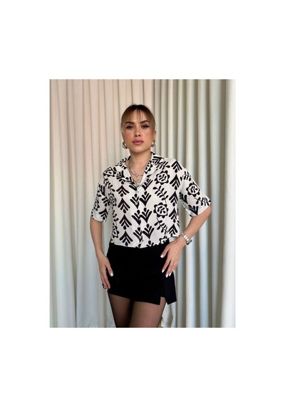Moda Banuş Etnik Desen Kısa Kol Pamuklu Salaş Kısa Gömlek Beyaz